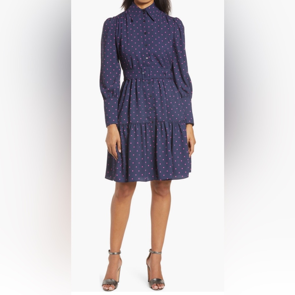 NWT Halogen Dark Blue Navy Belted Long Sleeve Shirt Dress with Pink Heart Design